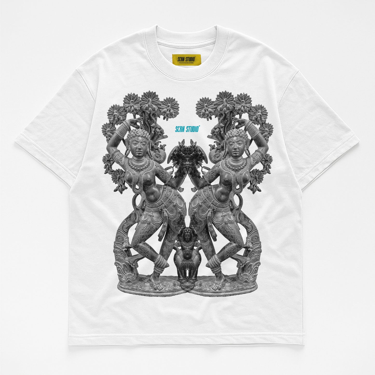 Mohini T-Shirt – White Oversized, Indian Temple Sculpture Print