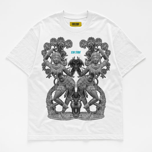 Mohini T-Shirt – White Oversized, Indian Temple Sculpture Print