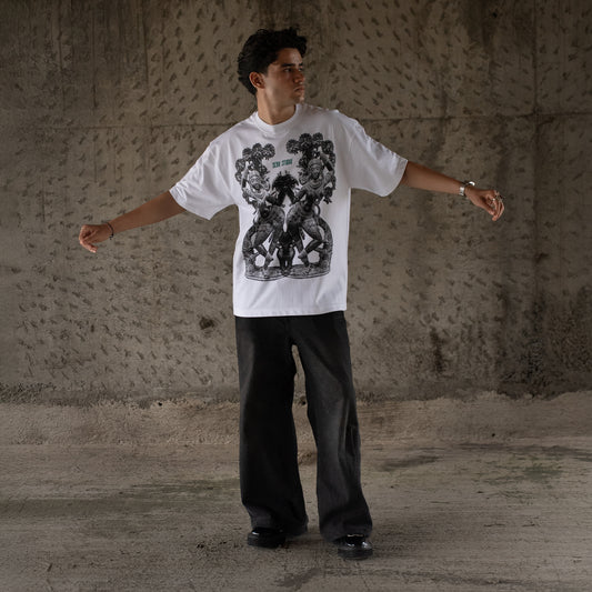 Mohini T-Shirt – White Oversized, Indian Temple Sculpture Print